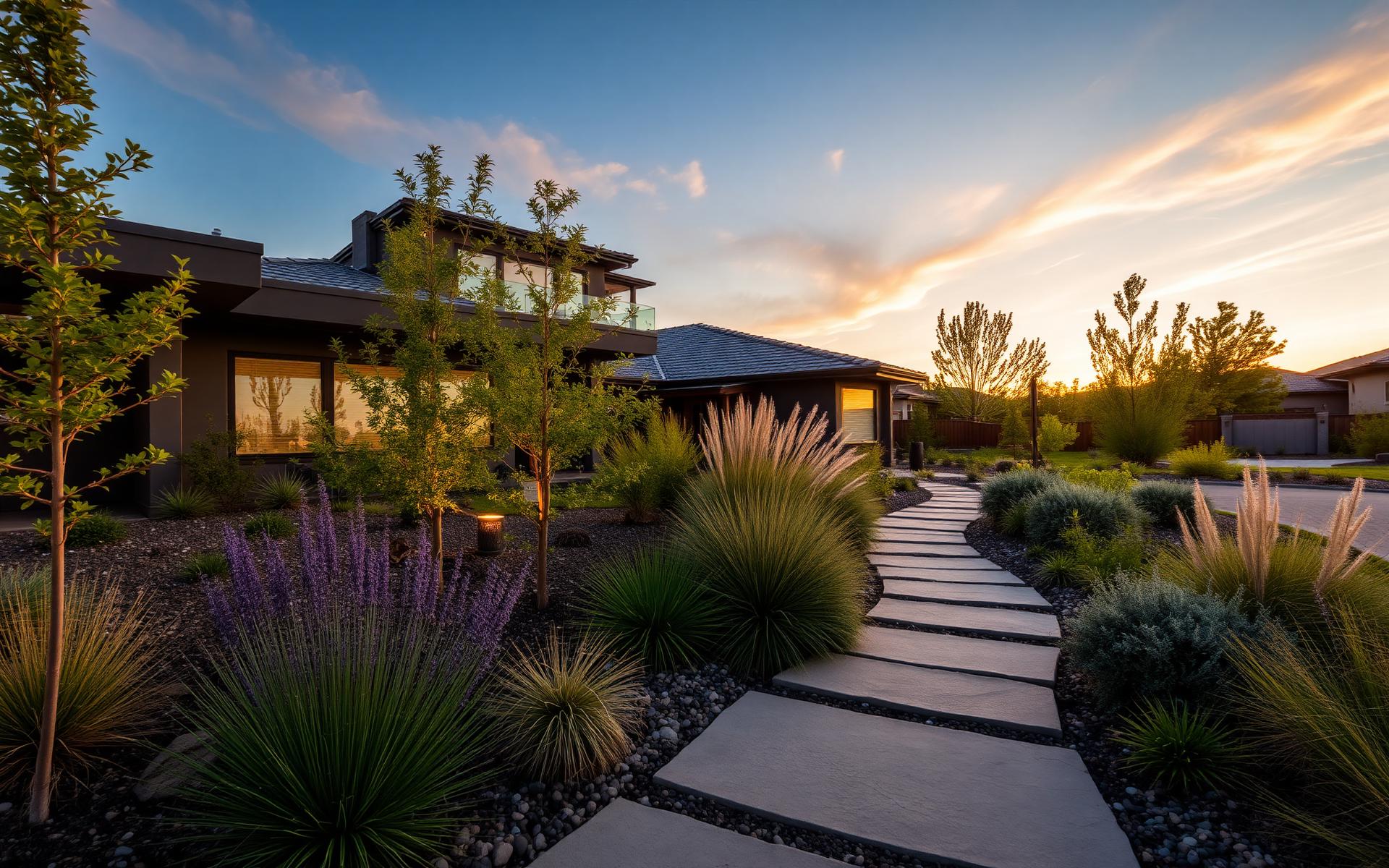 Native landscape with limestone pathway at sunset